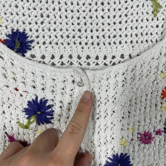 Free People Knit Crochet Crop Button Up Top Womens M White Boho Cottagecore - Picture 2 of 8